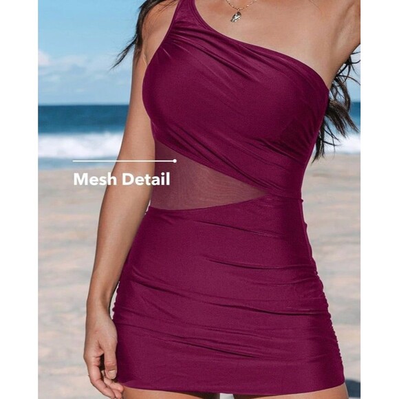 CUPSHE Women's One Piece Swimsuit Asymmetrical Neck Mesh Side NWT Size S Tummy C - Picture 3 of 12